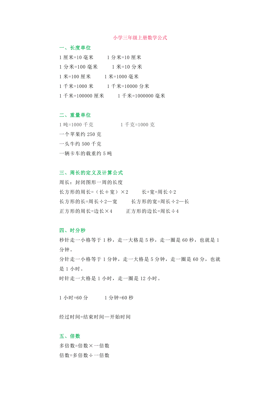 小学三年级数学上下册计算公式汇总（word可编辑）_第1页