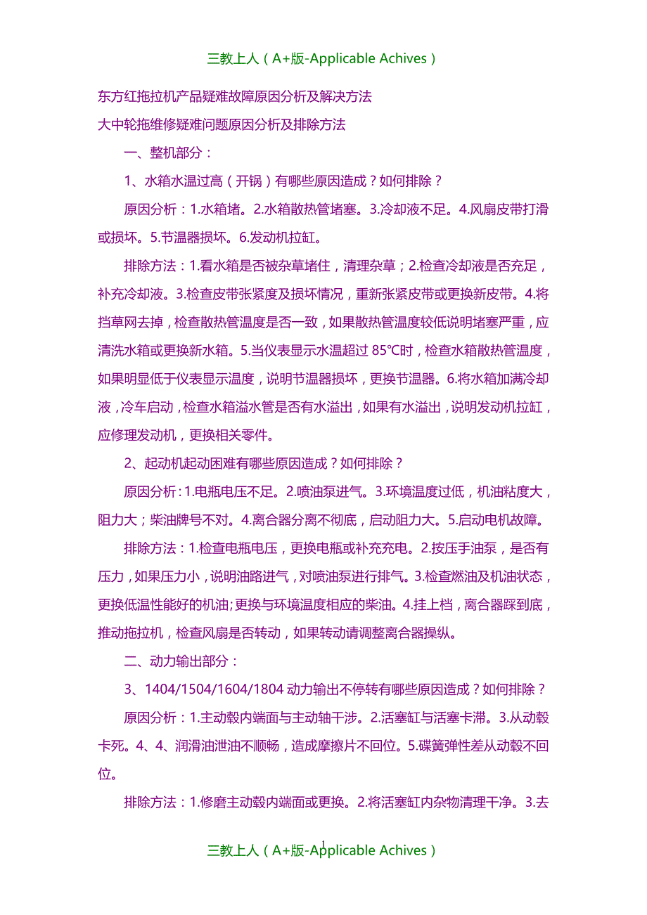 分析报告- 东方红拖拉机产品疑难故障原因分析及解决方法_第1页