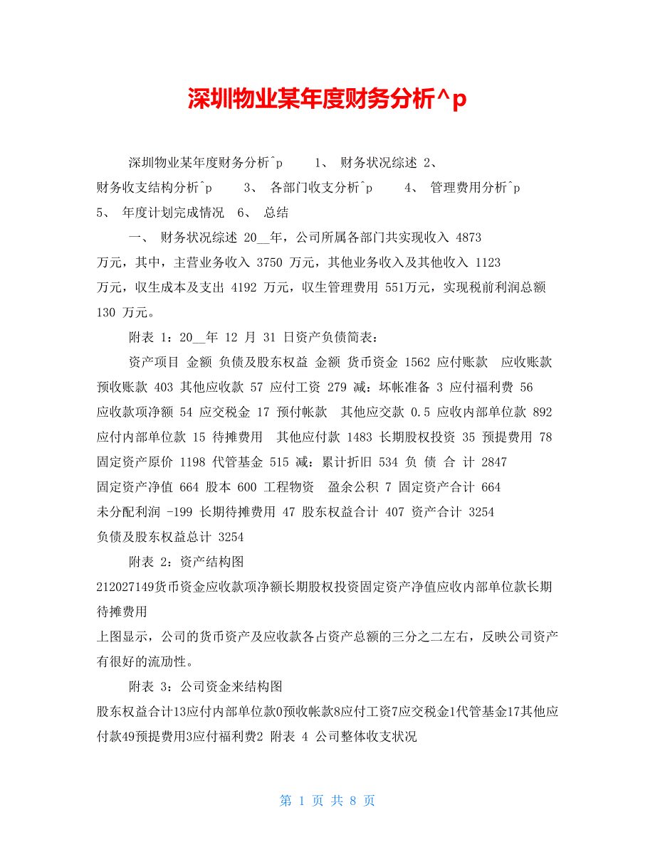【新】深圳物业某年度财务分析_第1页