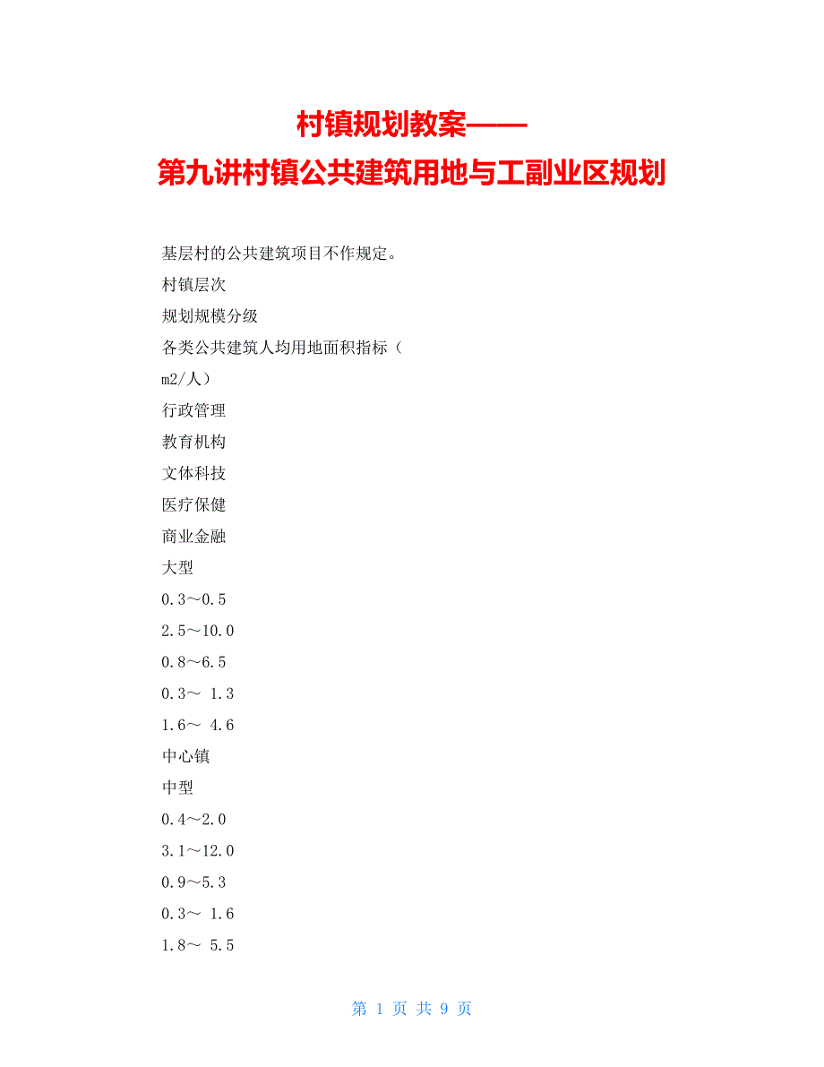 村镇规划教案——第九讲村镇公共建筑用地与工副业区规划_第1页