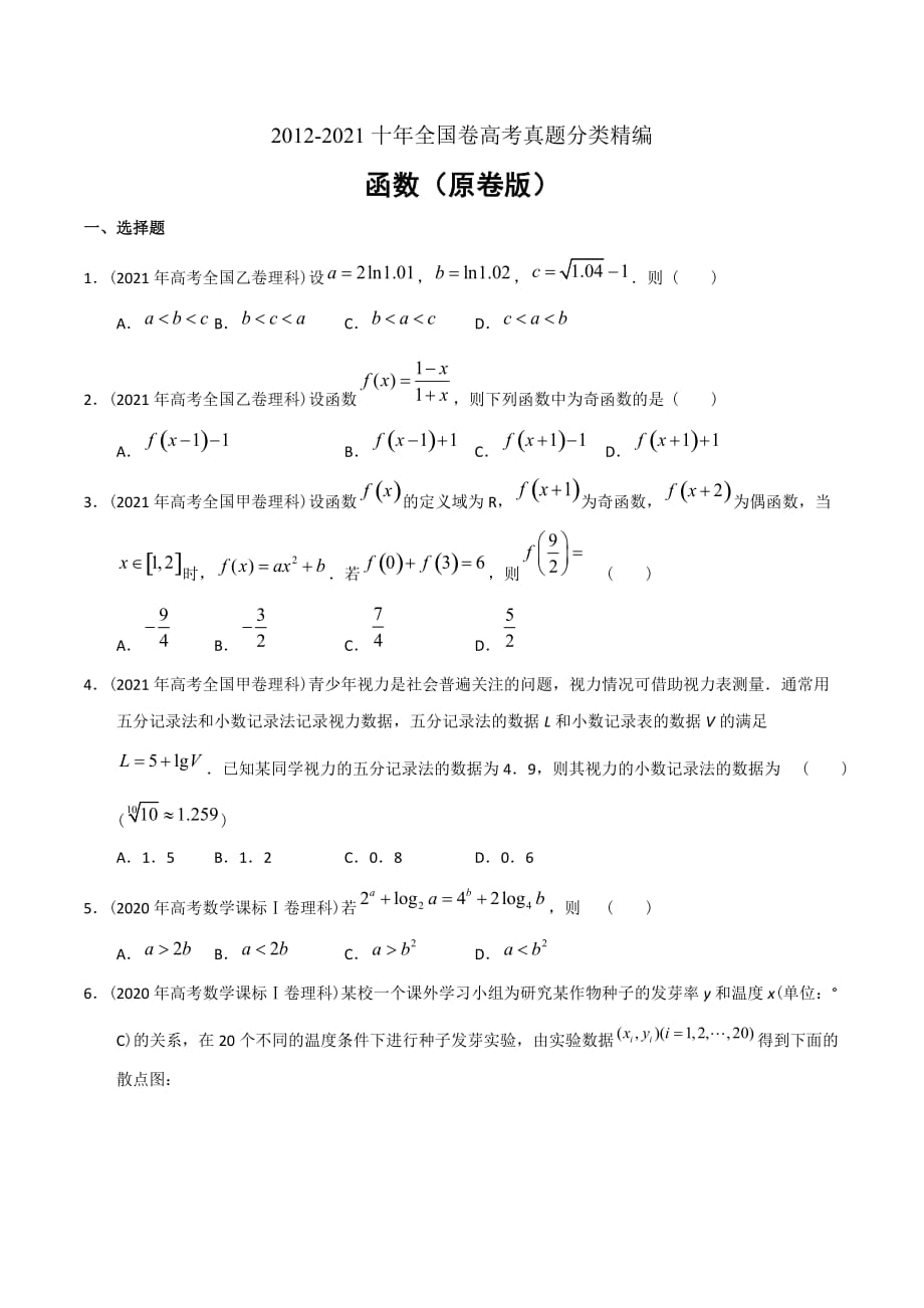 2022新高考必备2012-2021十年全国高考数学真题分类汇编 函数（原卷版）_第1页