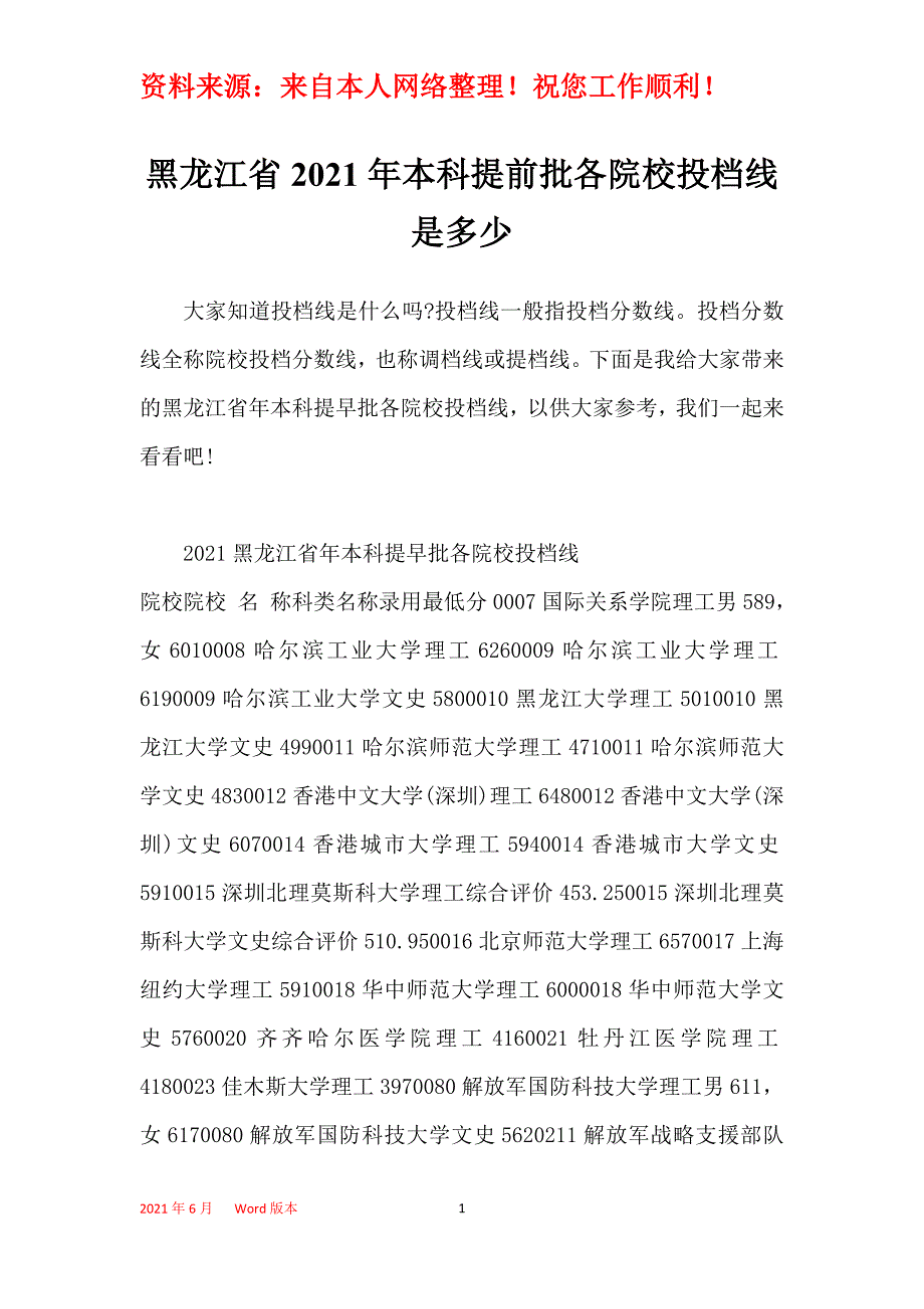 黑龙江省2021年本科提前批各院校投档线是多少_第1页