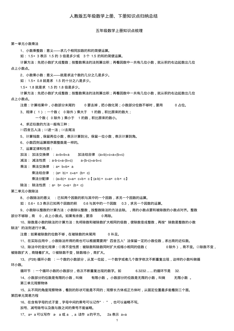 人教版五年级数学上册、下册知识点归纳总结_第1页