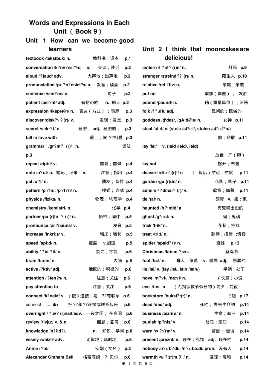 人教版九年级上册英语全册单词表_第1页