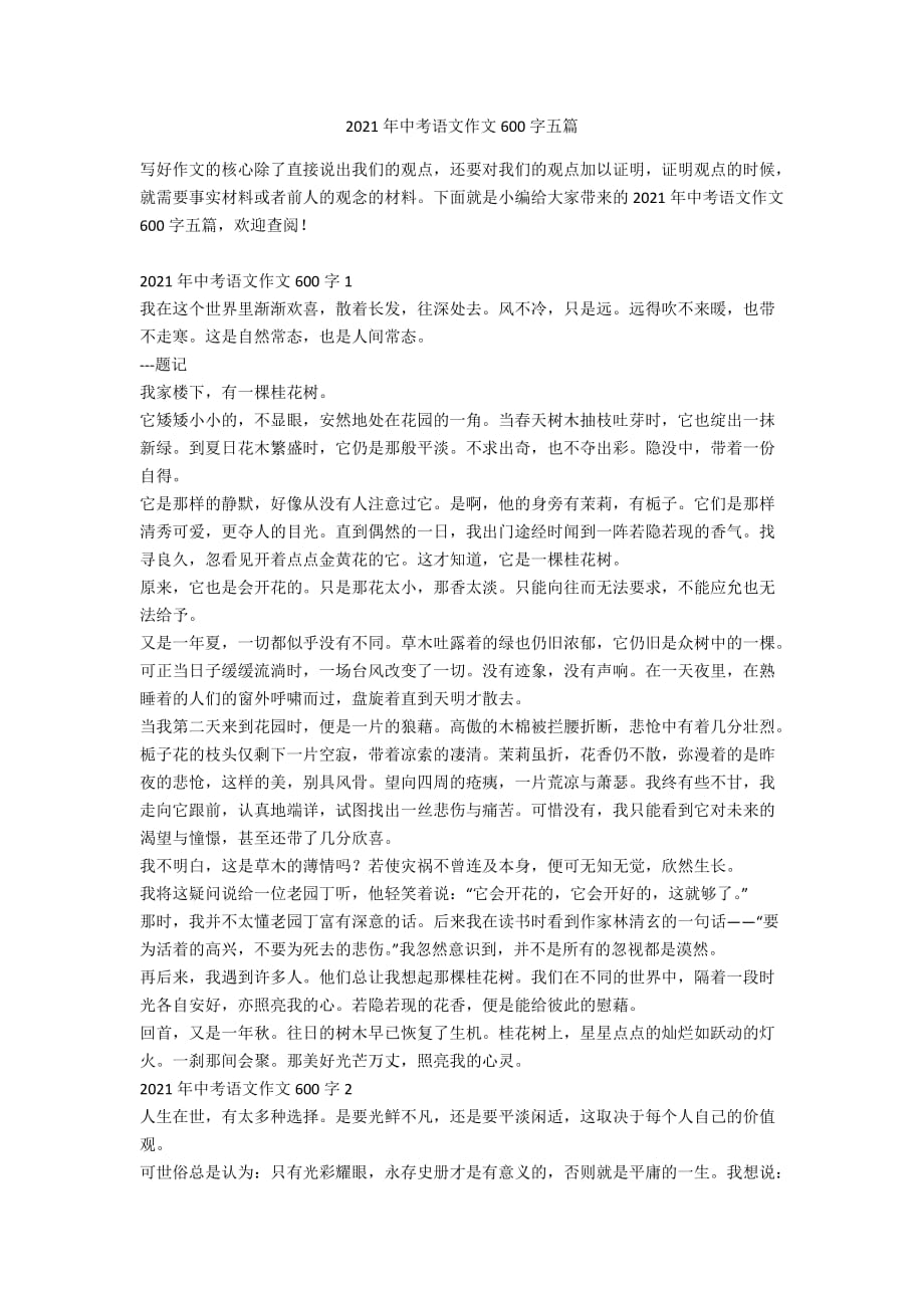 2021年中考语文作文600字五篇_第1页