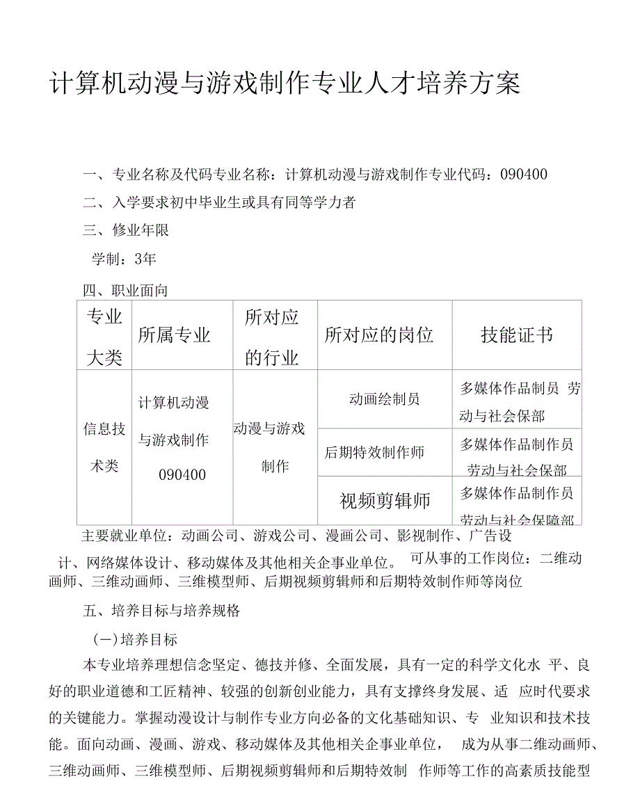 （可编辑）计算机动漫与游戏制作专业人才培养方案_第1页
