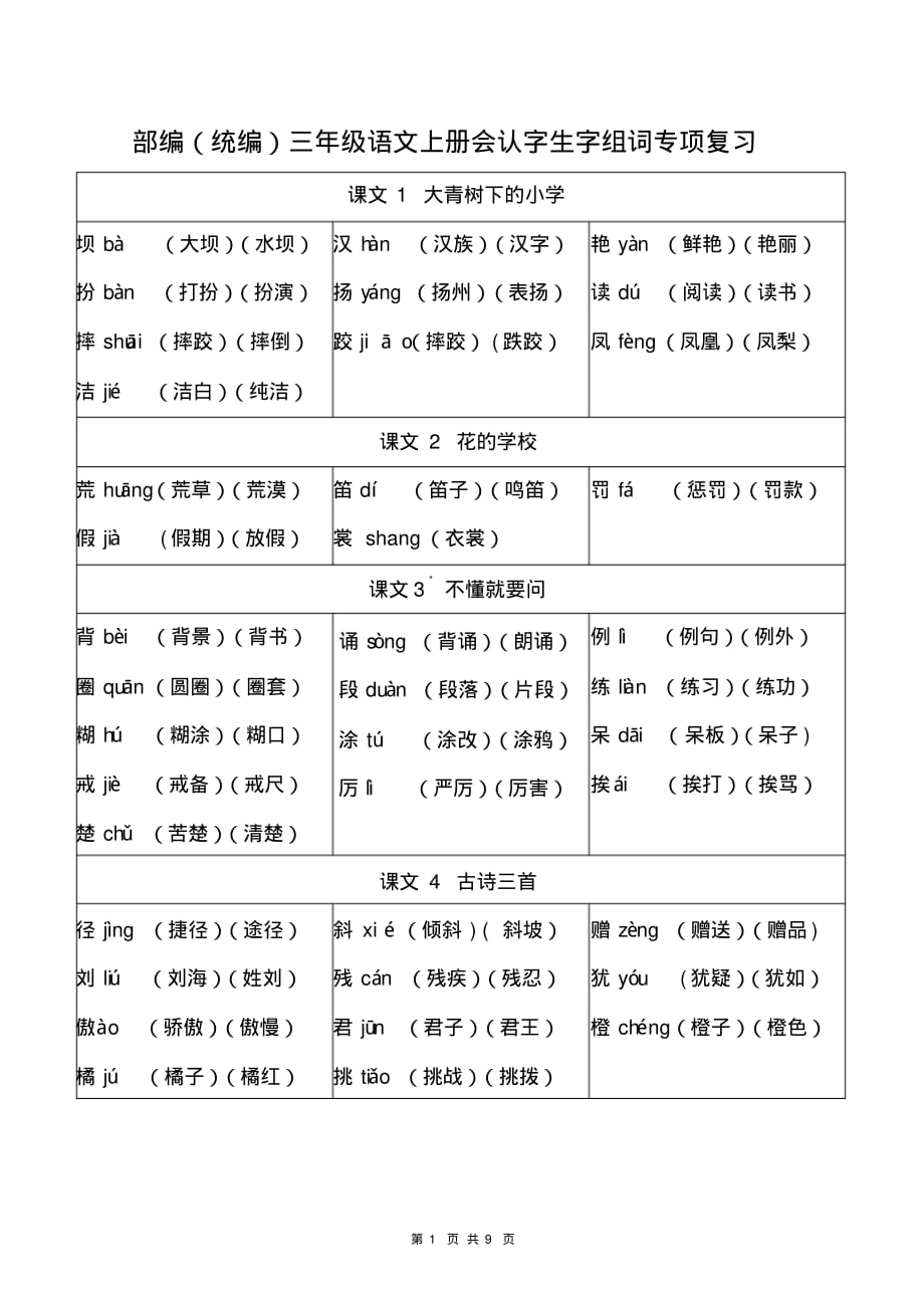 部编(统编)三年级语文上册会认字生字组词专项复习_第1页