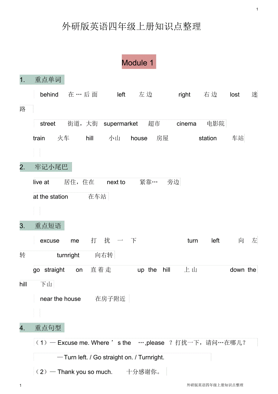 外研版英语四年级上册知识点整理_第1页
