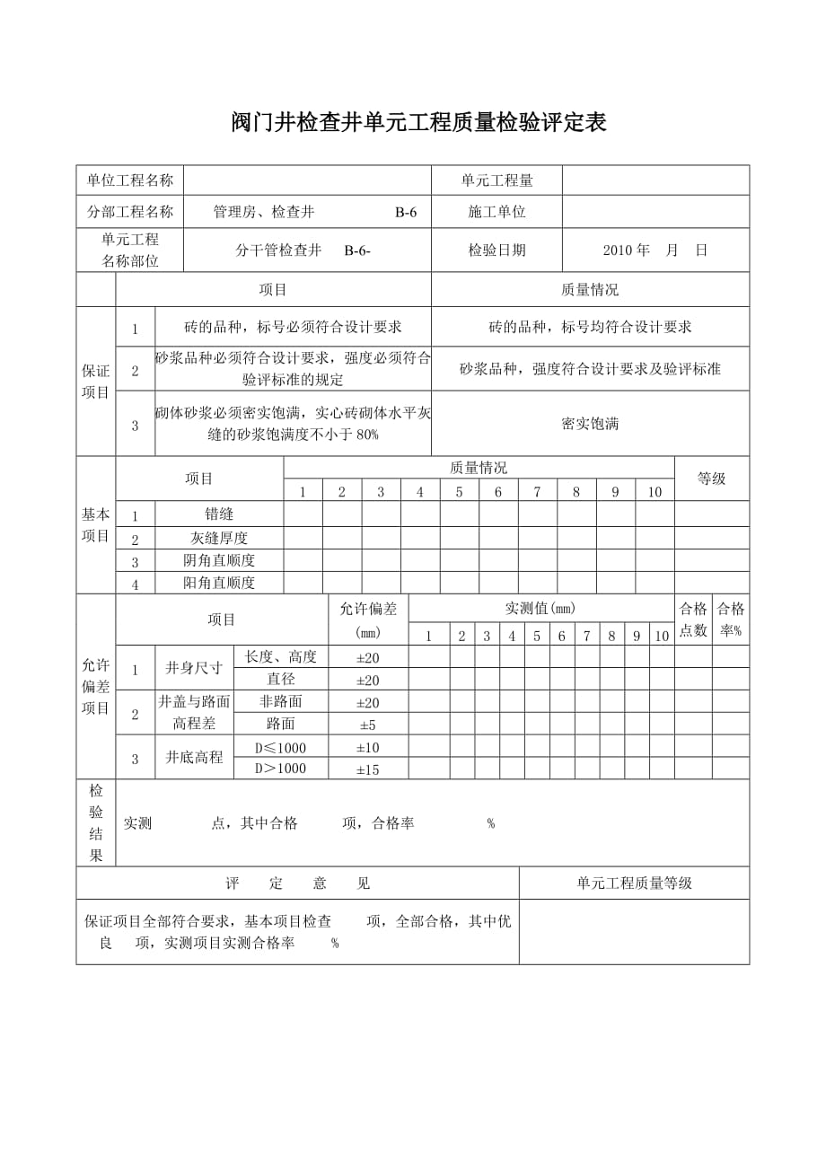 阀门井检查井单元工程质量检验评定表_第1页