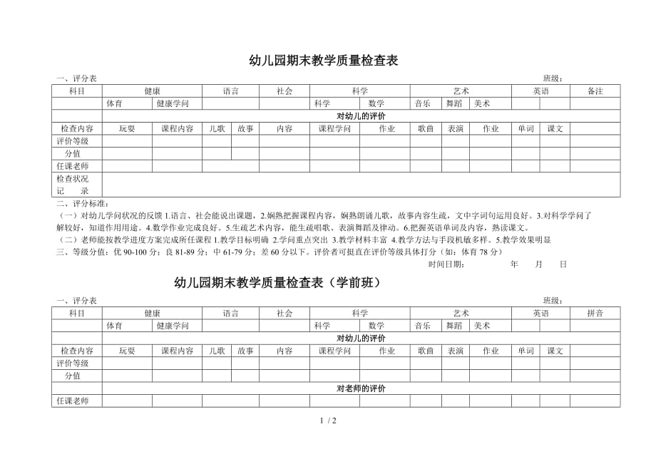 18.幼儿园期末教学质量检查表_第1页