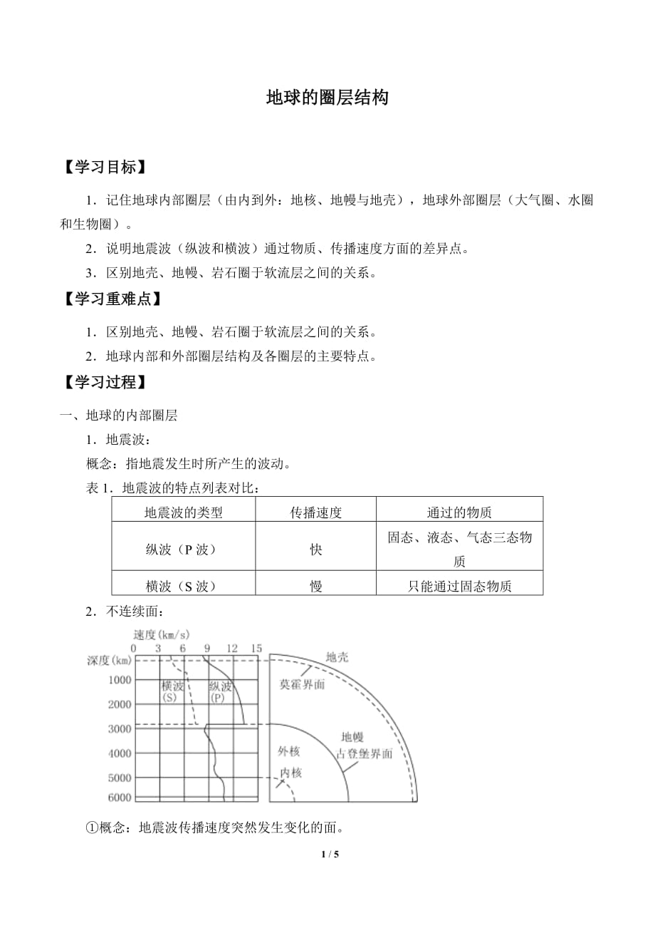 地球的圈层结构-2021-2022学年鲁教版（2019）高中地理必修第一册导学案_第1页