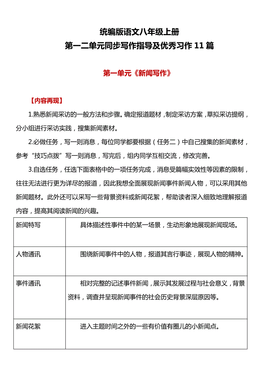统编版语文写作指导八年级上册第一二单元同步写作指导及优秀习作11篇_第1页