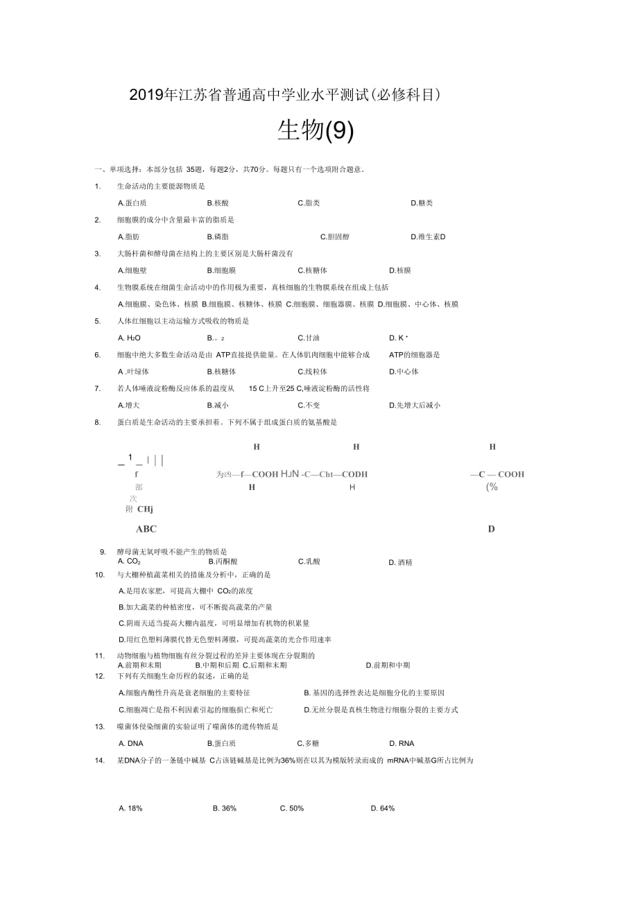 2019年江苏省普通高中学业水平测试生物试题(附答案)_第1页