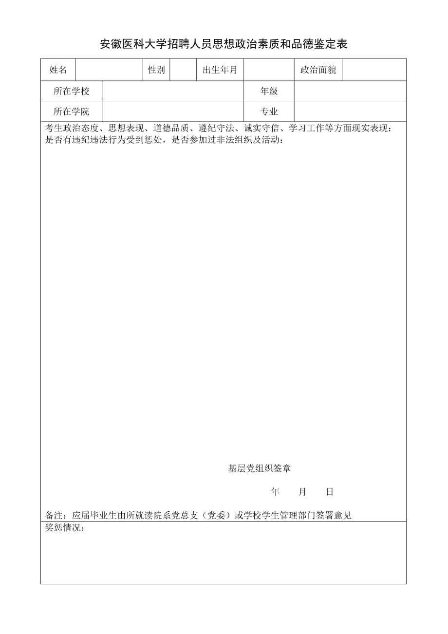 安徽医科大学招聘人员思想政治素质和品德鉴定表_第1页