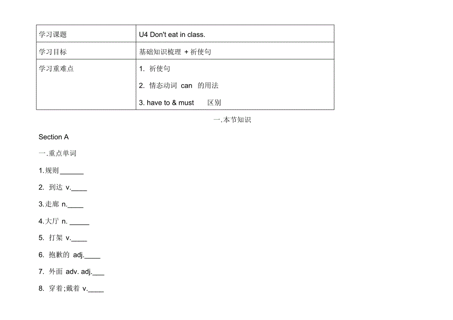 人教版7年级下册Unit4知识点总结+课堂练习(无答案)_第1页