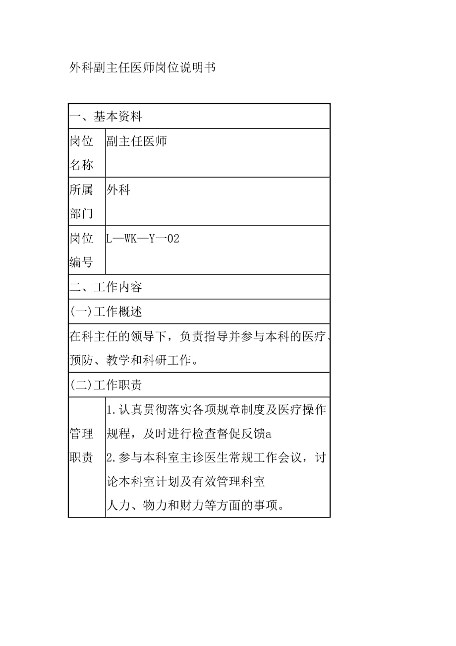 外科副主任医师岗位说明书_第1页