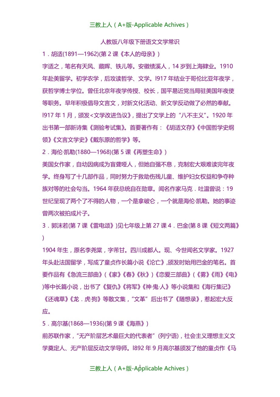 初中教育-人教版八年级下册语文文学常识_第1页