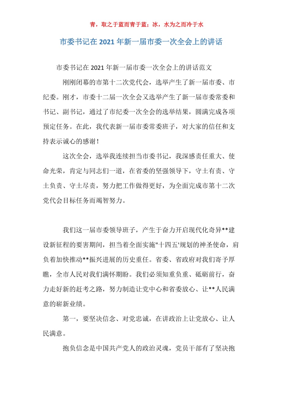市委书记在2021年新一届市委一次全会上的讲话_第1页