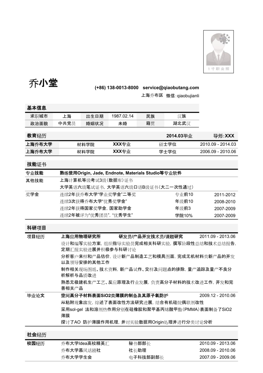 材料研发岗位简历模板（突出学术科研经验）_第1页