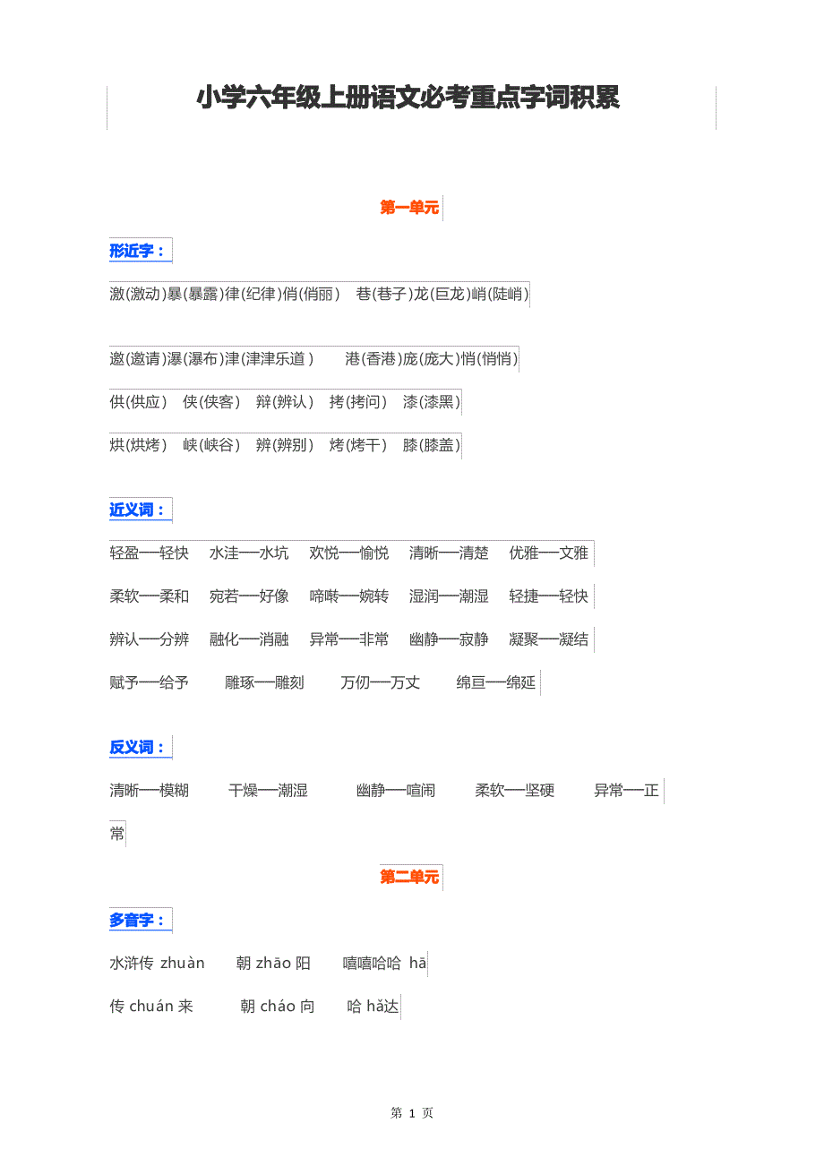 小学六年级上册语文必考重点字词积累 部编版_第1页