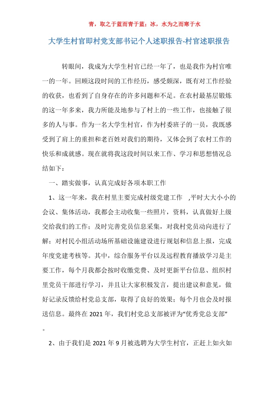 大学生村官即村党支部书记个人述职报告-村官述职报告_第1页
