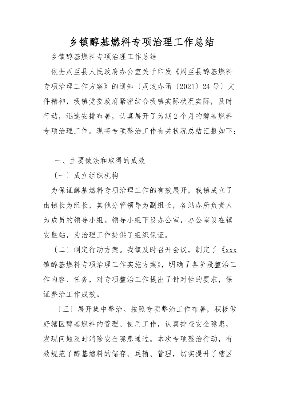 乡镇醇基燃料专项治理工作总结_第1页