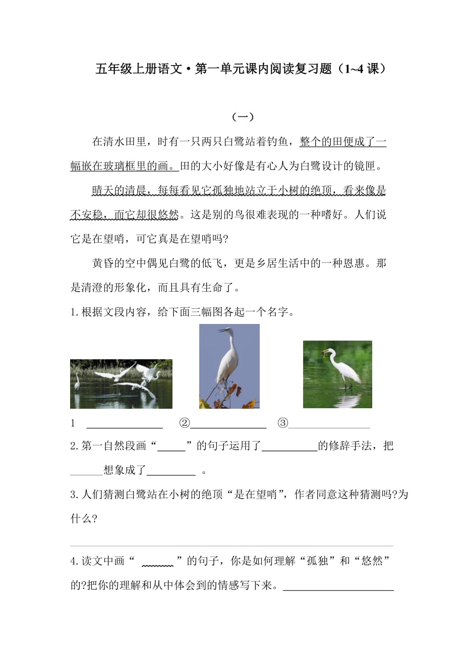 五年级上册语文试题-第一单元课内阅读复习题（含答案）人教统编版_第1页