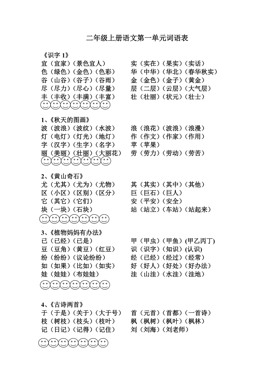 请输入资源名称人教版二年级上册语文第一单元词语表(带笑脸)_第1页