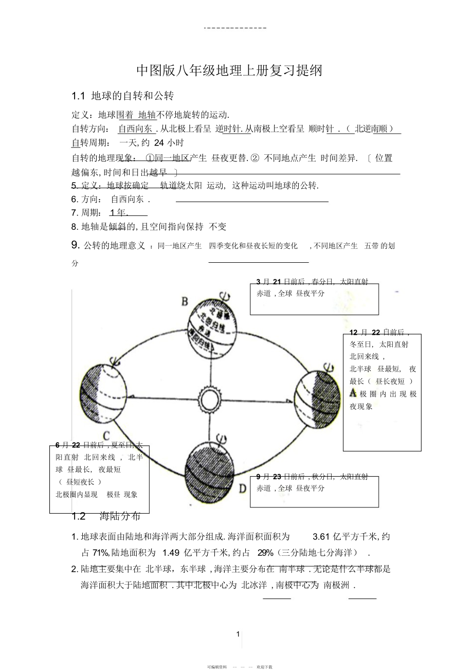 2022年北师大版八年级上册地理学复习提纲_第1页
