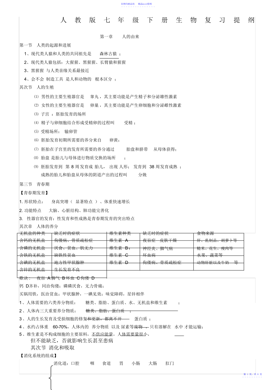 人教版初一下册生物知识点总结大全,推荐文档_第1页