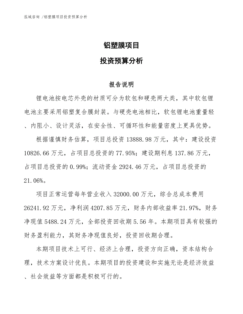 铝塑膜项目投资预算分析（参考模板）_第1页