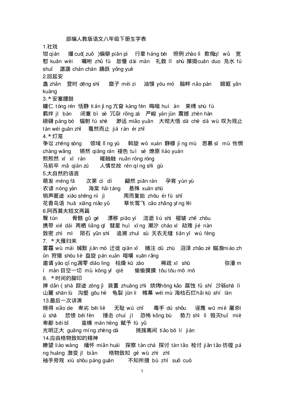 (完整版)部编人教版语文八年级下册生字表_第1页
