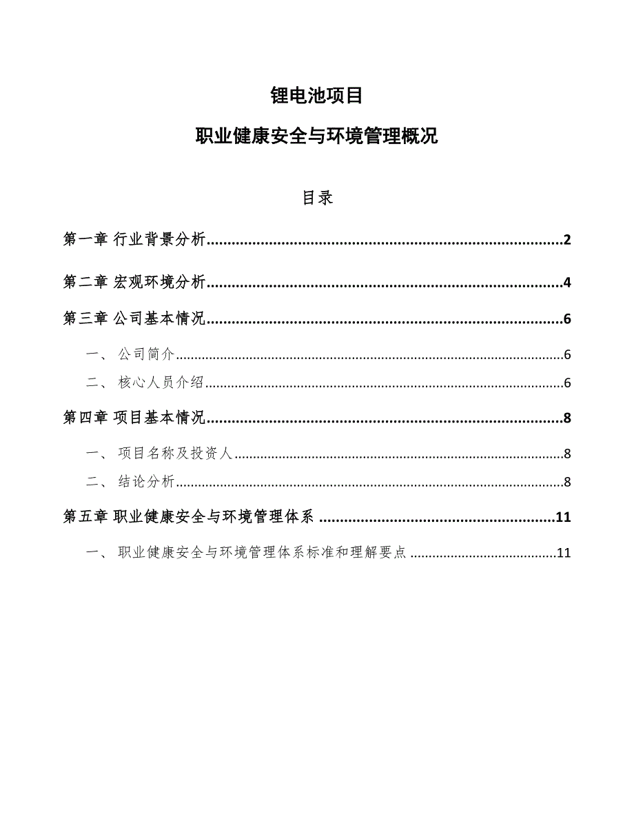 锂电池项目职业健康安全与环境管理概况（范文）_第1页