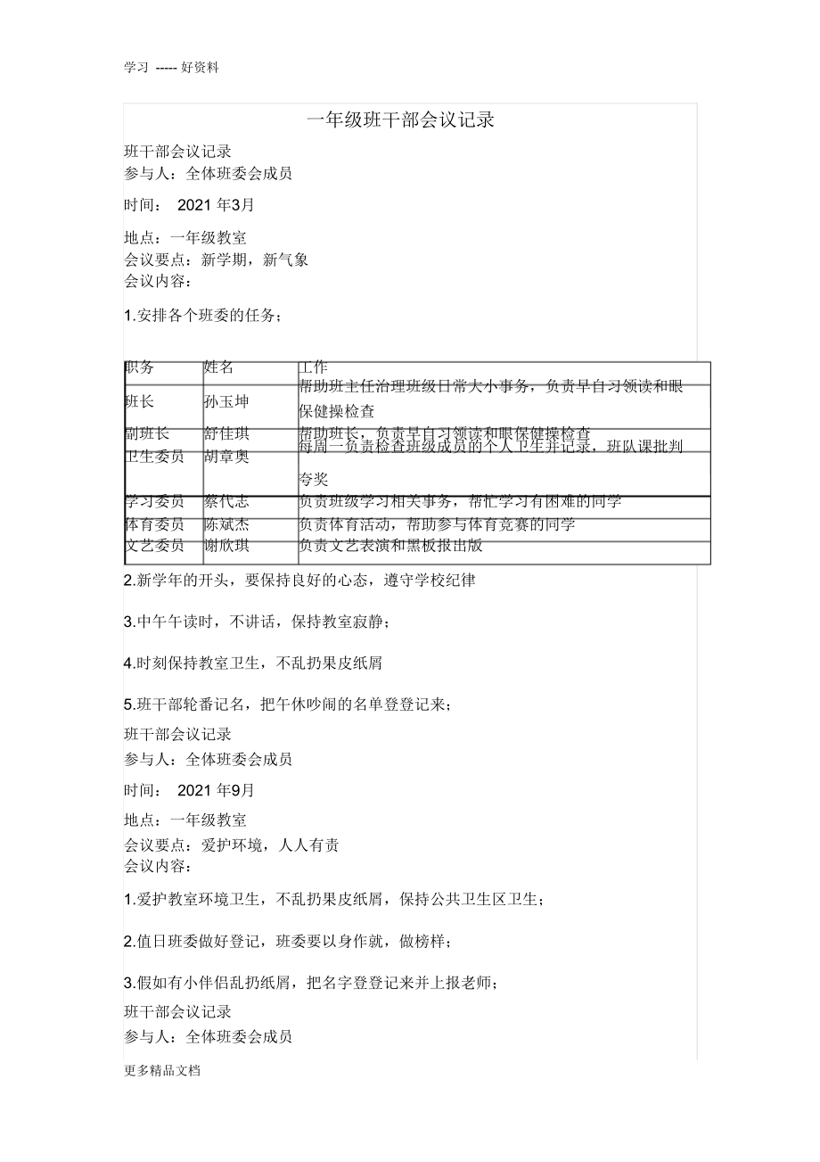 最新一年级班干部会议记录_第1页