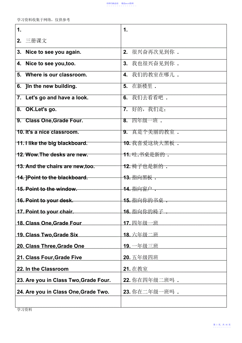 闽教版小学英语第三册课文英汉互译_第1页