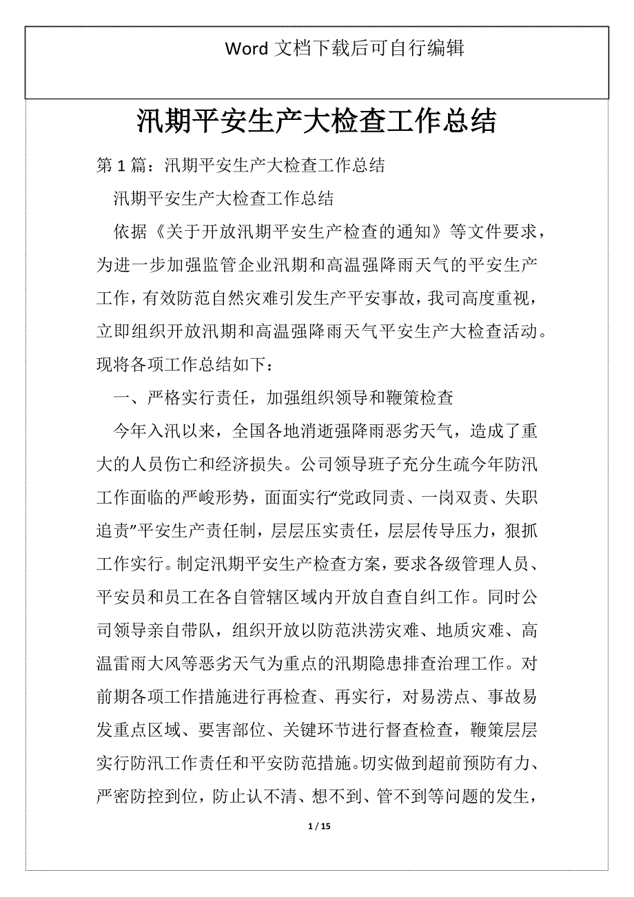 汛期平安生产大检查工作总结_第1页