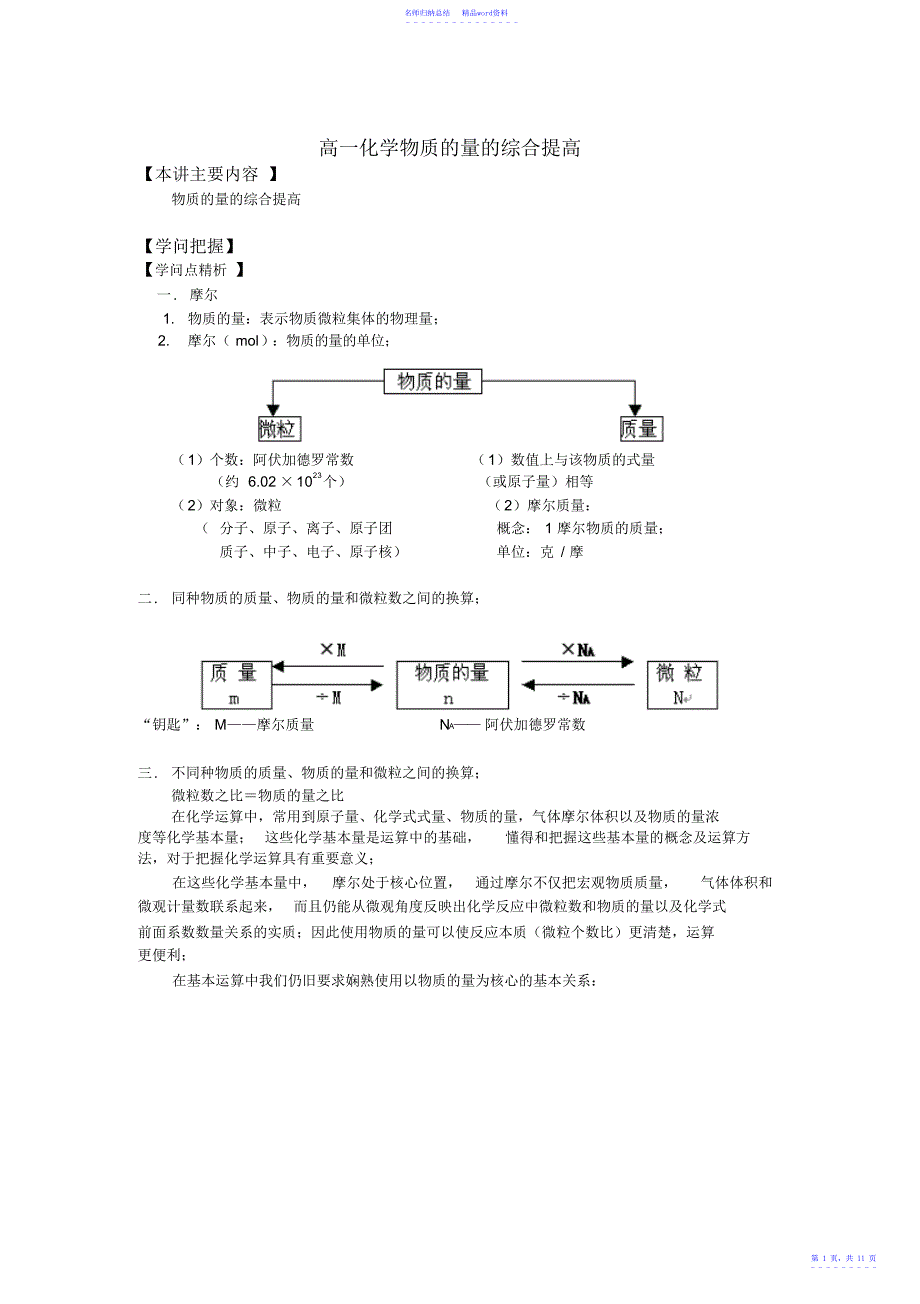 高一化学物质的量综合提高知识精讲_第1页