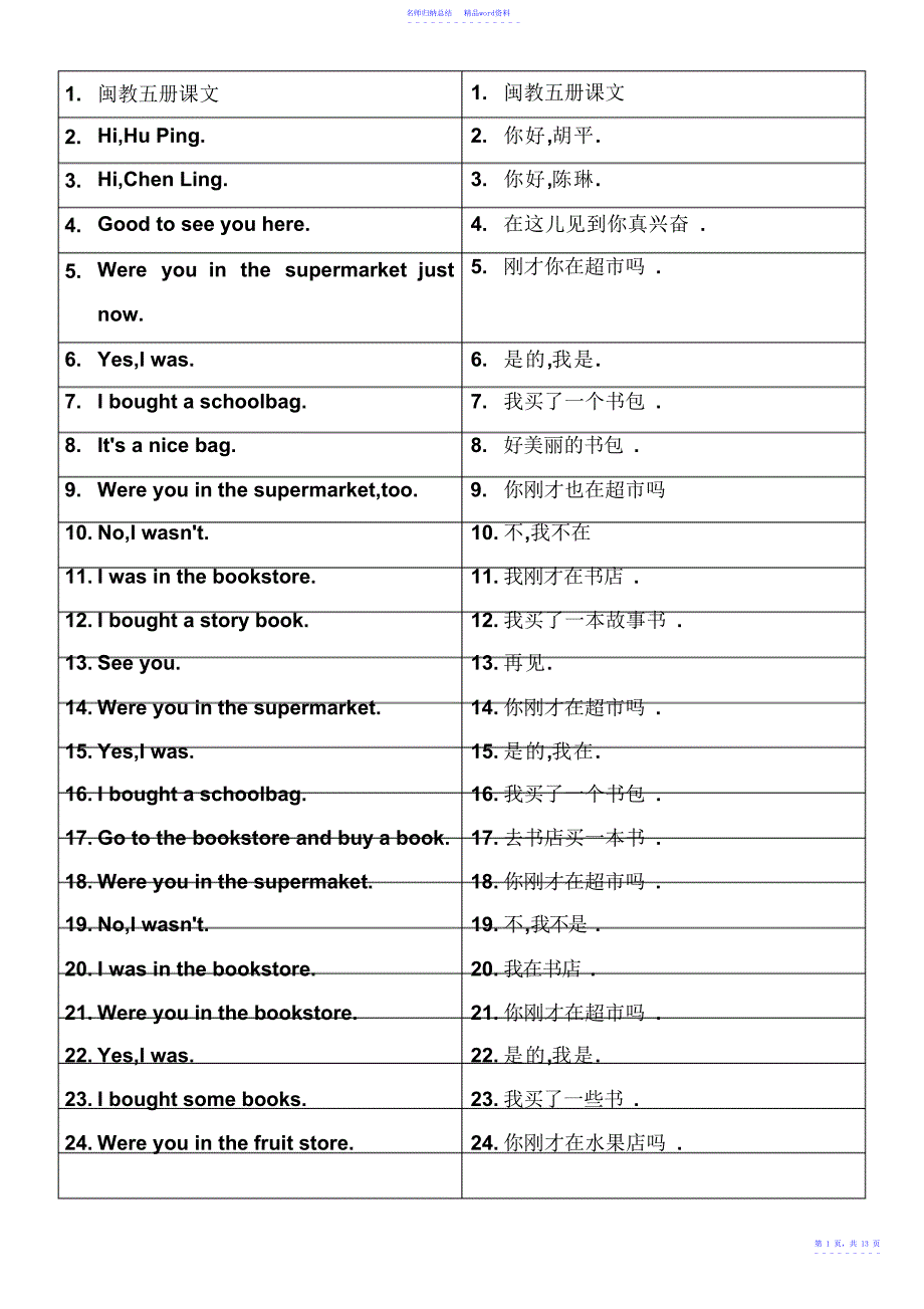 闽教版小学英语第五册课文英汉互译_第1页