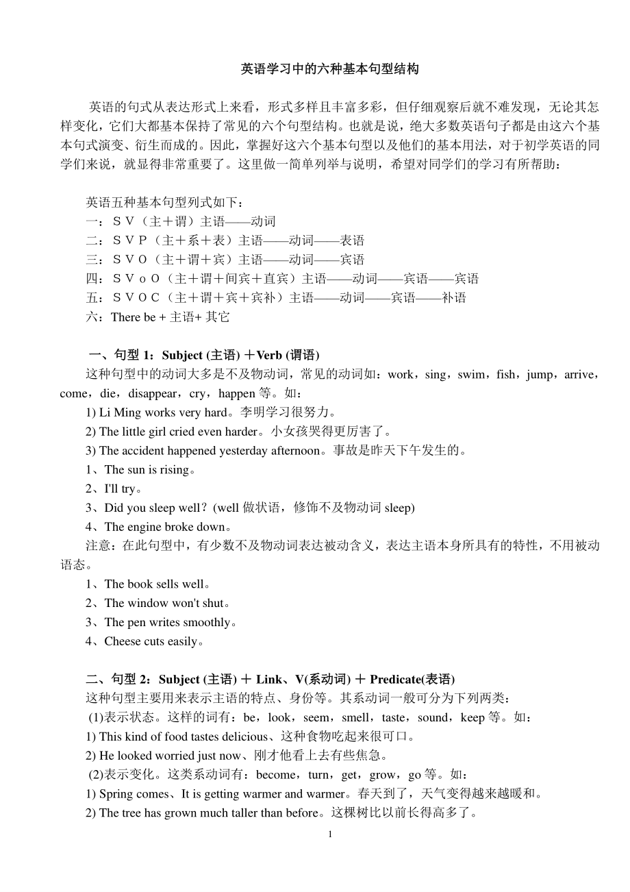 高中英语六种基本句型结构（2022年整理）_第1页