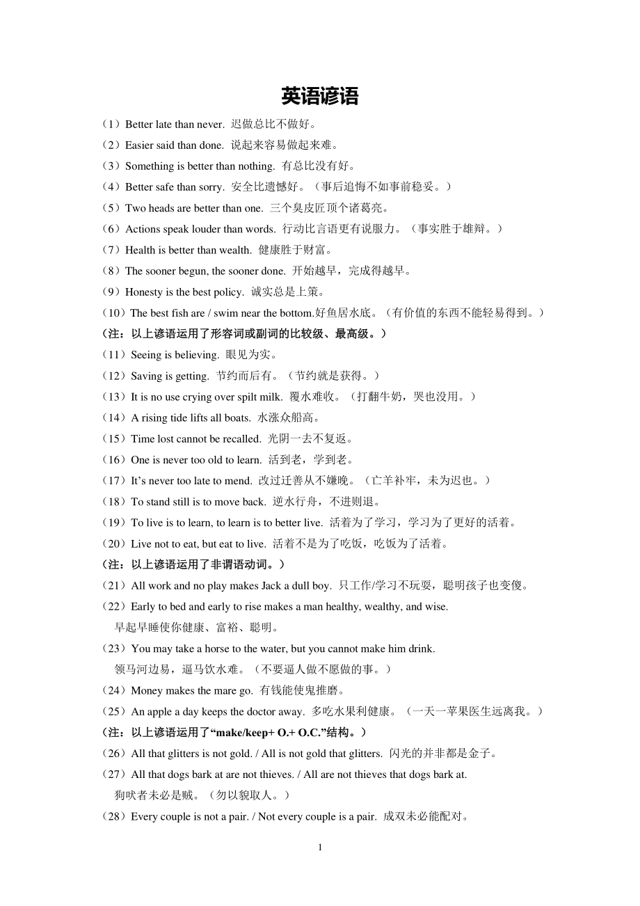 高考英语常考英文谚语集锦及练习（2022年整理）_第1页