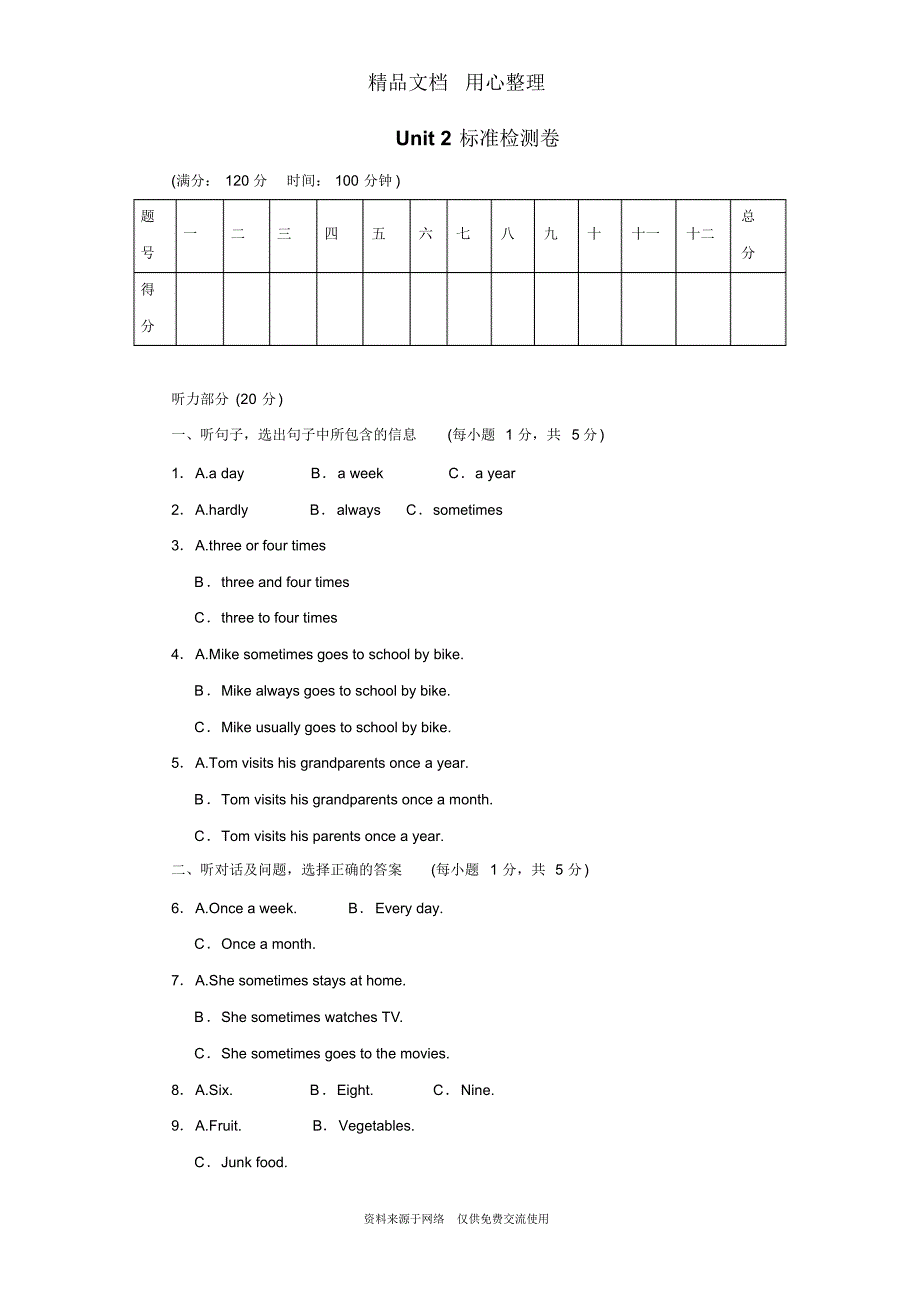 新人教版初中八年级上册英语Unit2单元测试卷(含听力材料及答案)_第1页