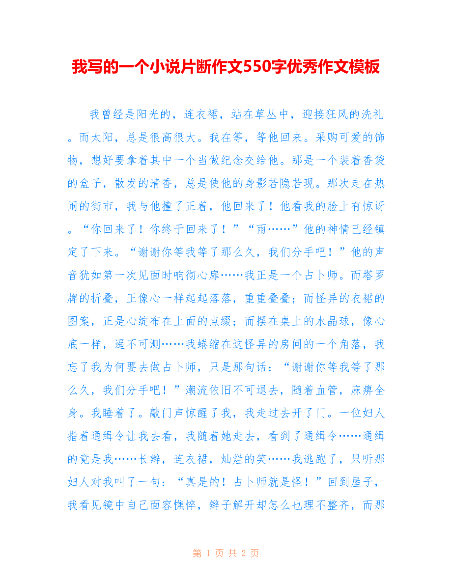 我写的一个小说片断作文550字优秀作文模板_第1页