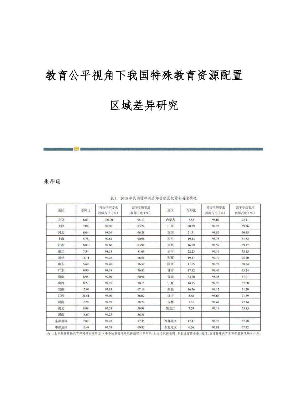 教育公平视角下我国特殊教育资源配置区域差异研究_第1页