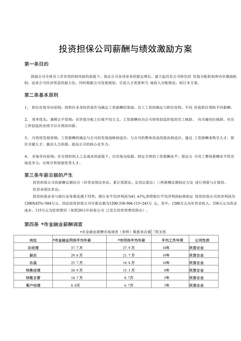 某投资担保薪酬激励方案_第1页