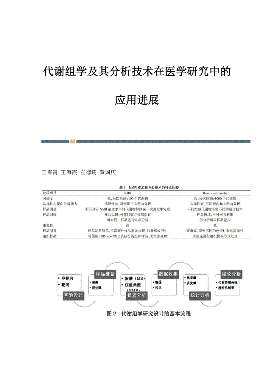 代谢组学及其分析技术在医学研究中的应用进展_第1页