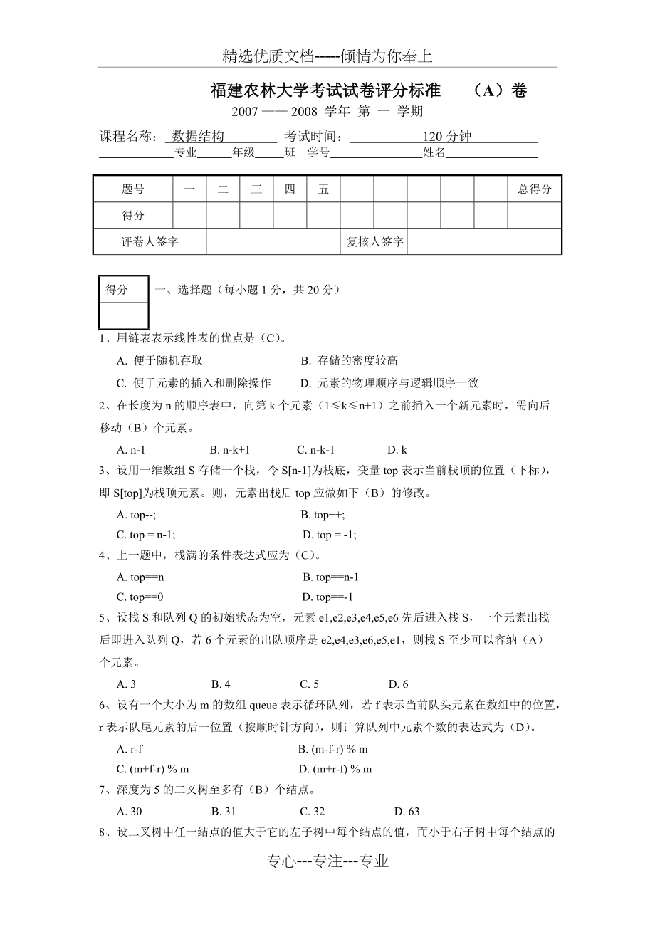 福建农林大学数据结构考试试卷(共6页)_第1页