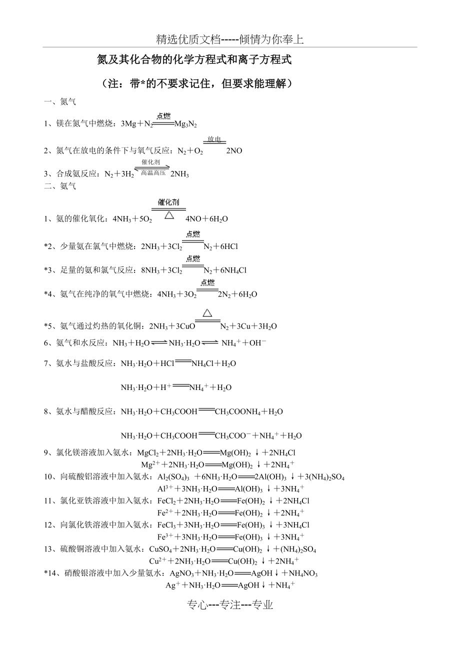 氮及其化合物的化学方程式和离子方程式(共7页)_第1页
