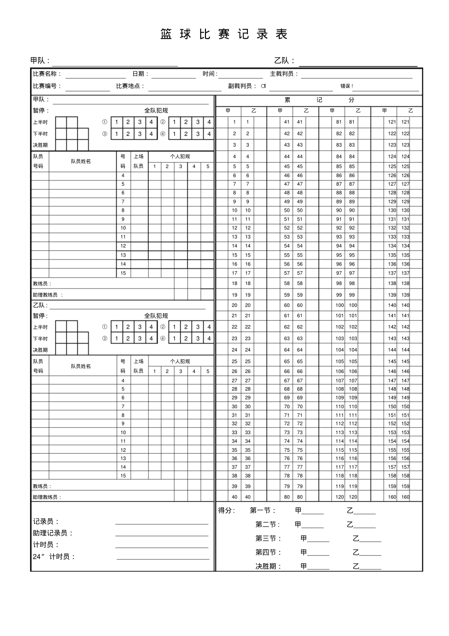 篮球比赛记分表模板PDF_第1页
