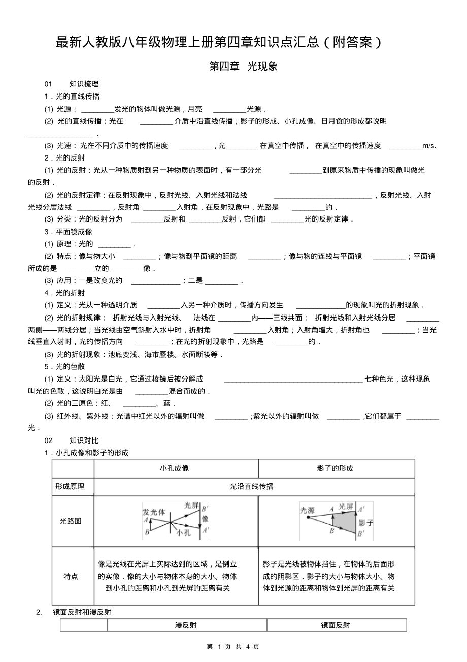 最新人教版八年级物理上册第四章知识点汇总(附答案)_第1页