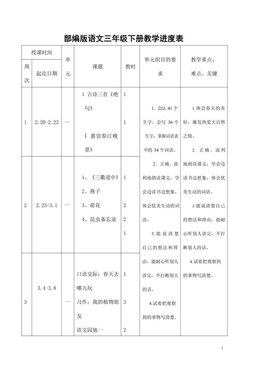 部编版人教版三年级语文下册教学进度计划表_第1页